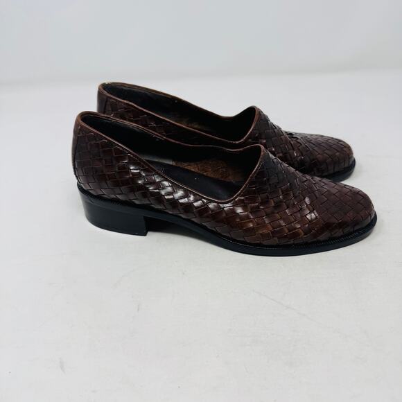 Vintage Nine West 6.5M Brown Woven Leather Loafers Block Heel Slip On Classic - Picture 6 of 12
